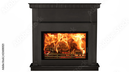 Foto Burning black fireplace isolated on white background