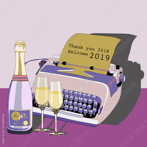 Purple typewriter with bottle of champagne and glasses. Pour feliciter 2019. Vector illustration on pink background