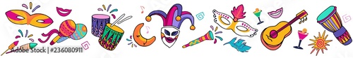 Bright colorful vector Seamless festive carnaval border, frame. Set icons, Carnival party decorate. Festival background