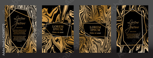 Gold marble texture and geometric frames on black backgrounds vector set. Luxury design for brochure, banner, vip invitation, cover, business card. Gold foil black marble pattern texture and frames.