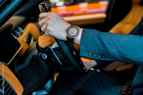 cropped image of businessman with luxury watch sitting in automobile