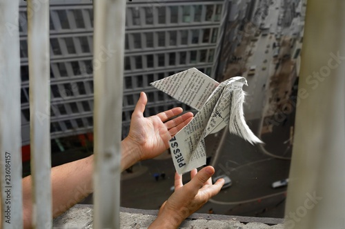 Ein Journalist lässt  eine aus einer Zeitung gefaltete Friedenstaube aus dem Fenster einer Gefängniszelle fliegen - Journalist with paper-bird in a prison cell