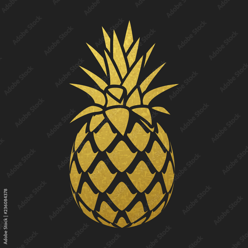Obraz premium Golden pineapple silhouette on black background, vector design