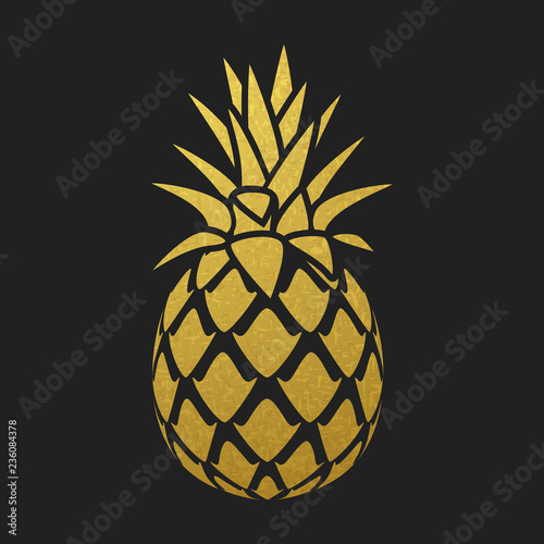 Golden pineapple silhouette on black background, vector design