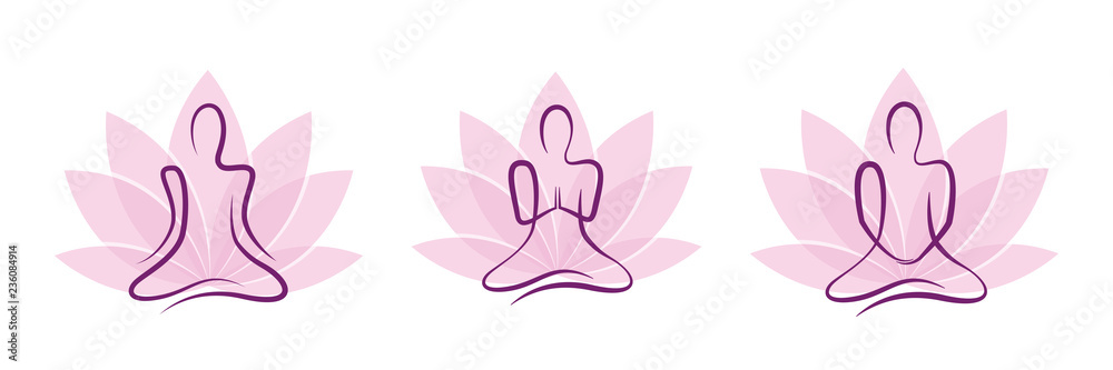 meditation yoga set pink lotus flower vector illustration EPS10
