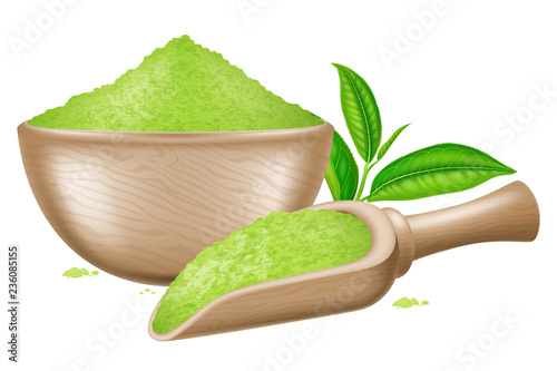 Wooden bowl and spoon with matcha powder and tea leaves. Vector illustration.