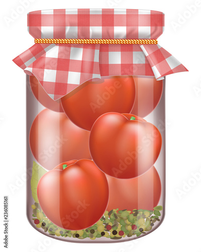 Jar of pickled tomatoes with fabric cover. Vector illustration.