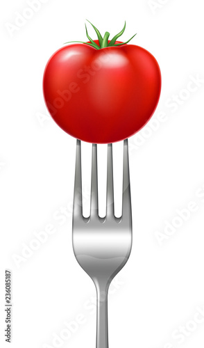 Red tomato on a steel fork. Vector illustration.