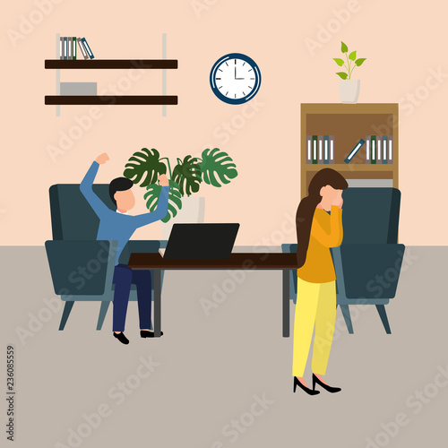 Vector illustration, despair woman crying, angry boss shouting at her. Isolated characters. Pressure at work.