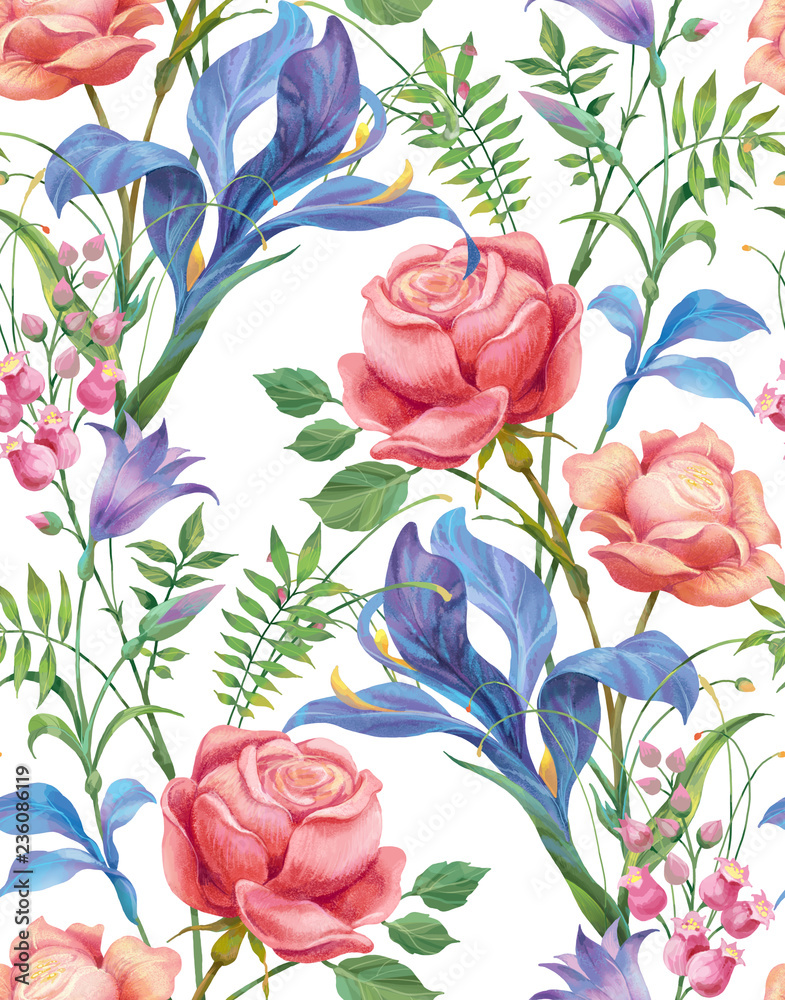 Roses and irises seamless background pattern. Version 3