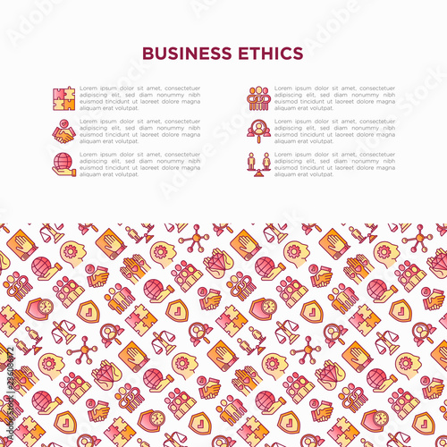 Business ethics concept with thin line icons: union, trust, honesty, responsibility, justice, commitment, no to racism, recruitment service, teamwork. Vector illustration, print media template.