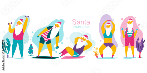 Santa Claus doing fitness exercises with dumbbells. Cute cartoon vector Christmas character set isolated on a white background. Healthy lifestyle and sport illustration.