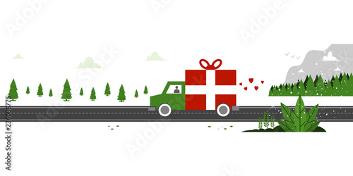Christmas shipping. Vector concept illustration of holiday delivery with gift truck and winter landscape.