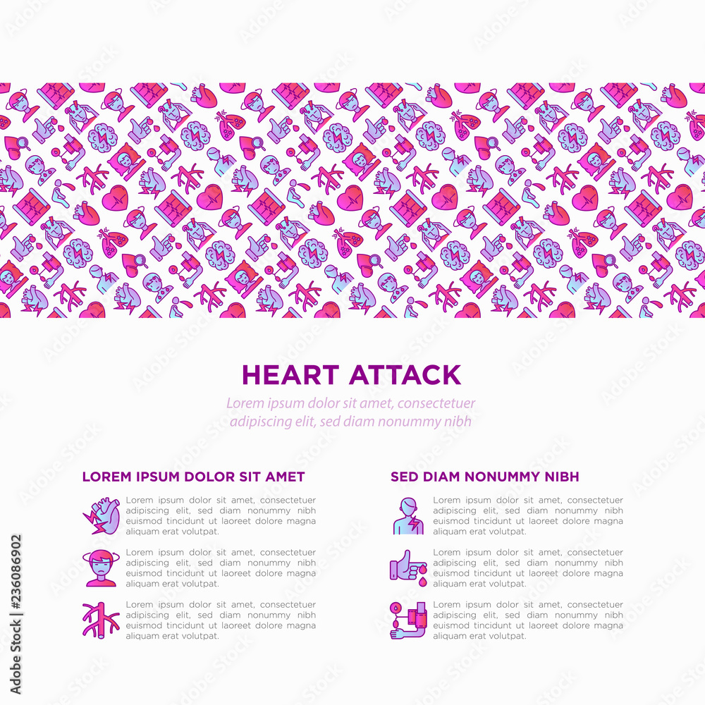 Heart attack symptoms concept with thin line icons: dizziness, dyspnea, cardiogram, panic attack, weakness, acute pain, cholesterol level, nausea, diabetes. Vector illustration, print media template.