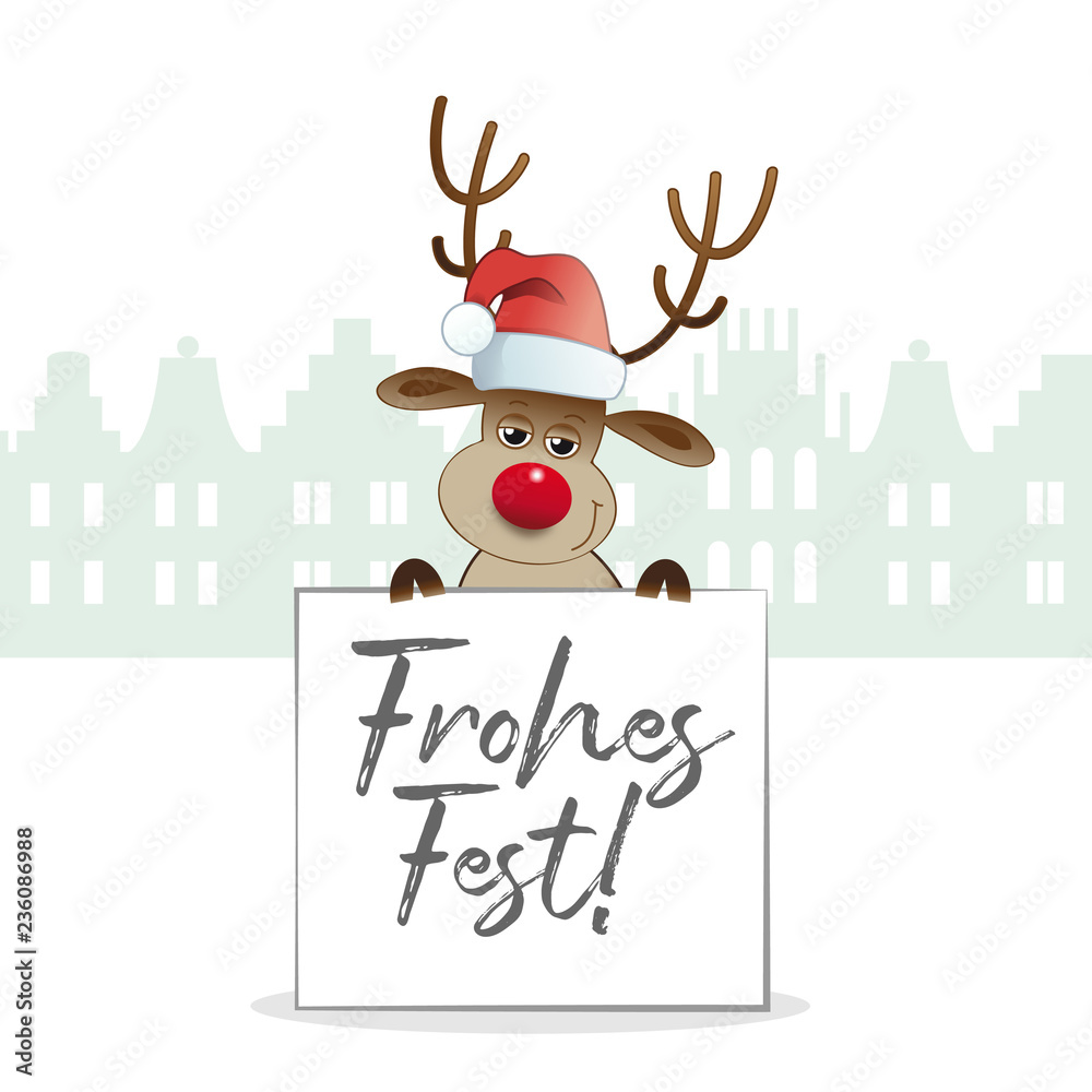 Rentier mit Weihnachtsmütze hält Tafel mit der Aufschrift Rentier mit Weihnachtsmütze hält Tafel mit der Aufschrift