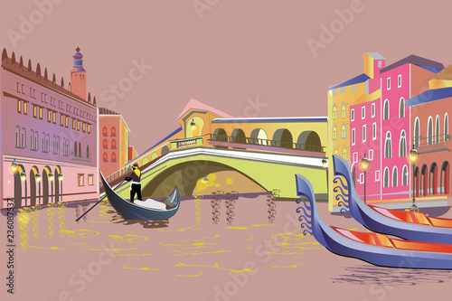 Romantic couple in the gondola travels along the Grand Canal in Italy. Colorful travel background decorated with golden patterns. Hand drawn vector background.
