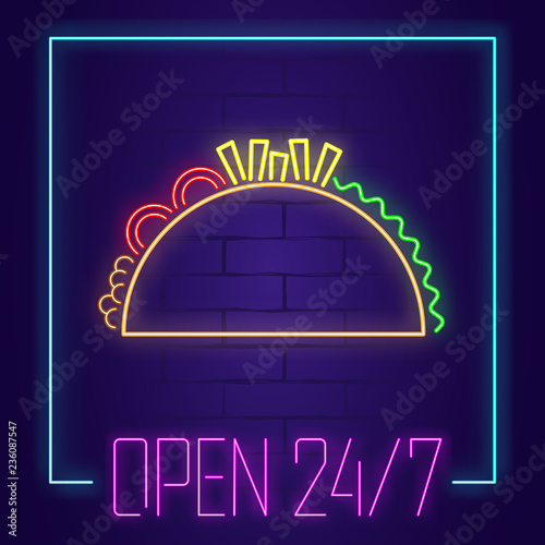 Tacos  neon sign with text OPEN 24/7 on brick wall background. Light banner. Vector illustration