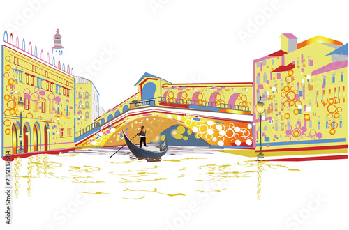 Romantic couple in the gondola travels along the Grand Canal in Italy. Colorful travel background decorated with golden patterns. Hand drawn vector background.
