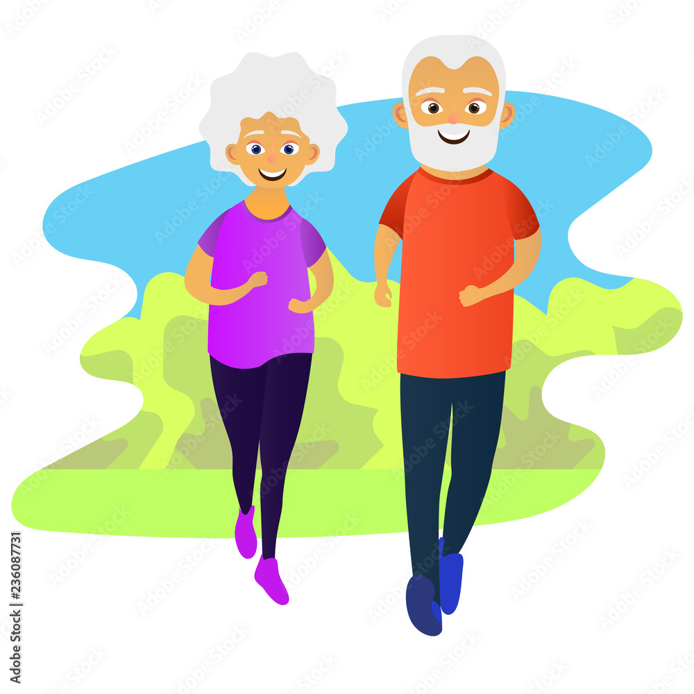 Old man and woman running together. Elderly people active lifestyle. Vector illustration