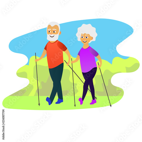 Seniors nordic walking. Old man and woman walking together. Elderly people active lifestyle. Vector illustration