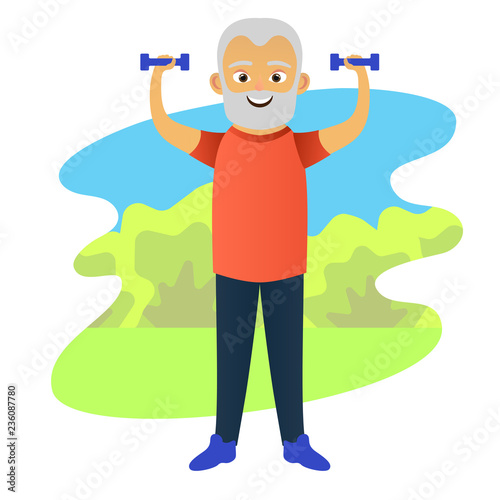 Happy old men dressed in sports clothing doing fitness exercises with dumbbells. Cute grandmother. Active elderly man. Cartoon character. Vector illustration