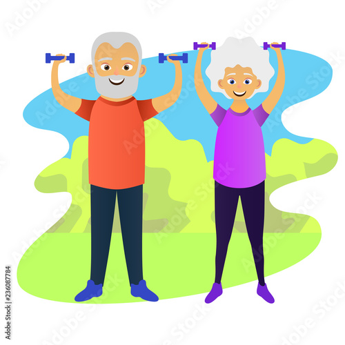 Old man and woman doing fitness exercises with dumbbells together. Elderly people active lifestyle. Vector illustration