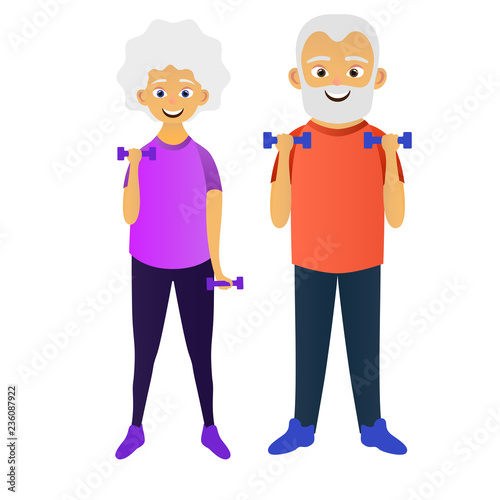 Old man and woman doing fitness exercises with dumbbells together. Elderly people active lifestyle. Vector illustration