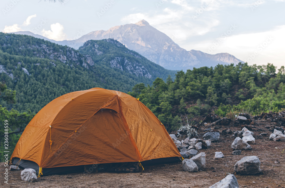 Tent near Tahtali, Lycian Way, Mediterranean Sea in Taurus Mountains, Turkey