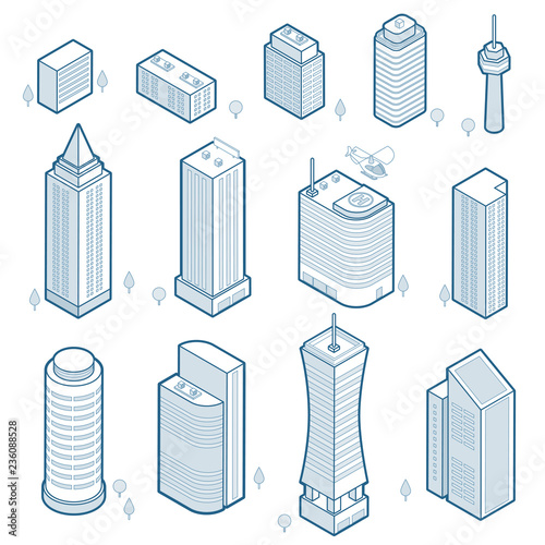 Isometric outline modern buildings set. Isometric city skyscrapers icons isolated on white backround. Linear pictograms of urban architecture. Elements for your design. Vector eps 10.