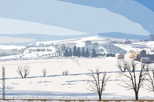 Winter rural landscape Vector. Small village and lot of snow background illustrations