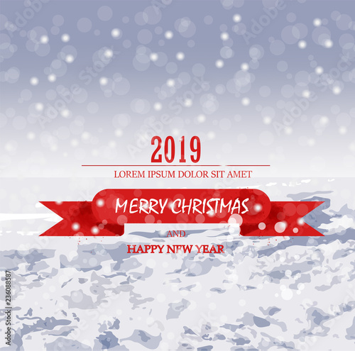 Merry Christmas card with snow Vector. Holiday postcard. Red text details