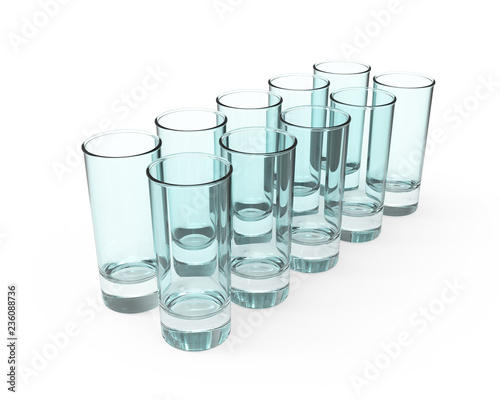 Ten empty transparent glasses with shadows and reflections on white background. 3d render