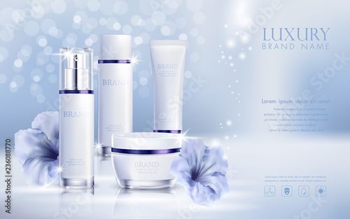 Essence cosmetic premium products with blue flowers on light background. Vector 3d illustration.