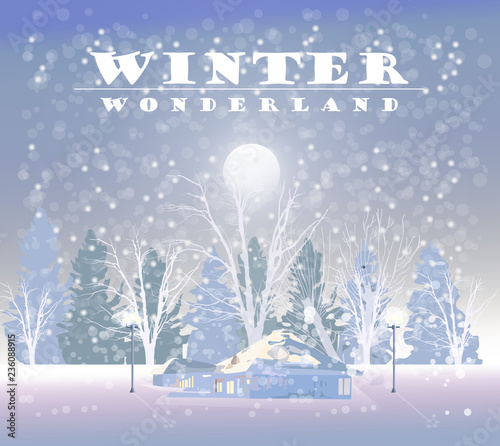 Winter snowing background Vector. Small house and woods. Christmas mood. cart...