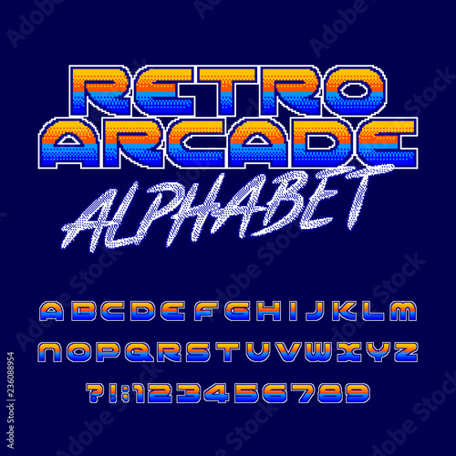 Retro arcade alphabet font. Pixel gradient letters and numbers. 80s video game typography.