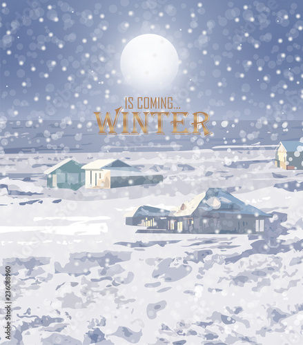 Winter snowing background Vector. Small house and woods. Christmas mood. cartoon styles