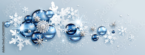 Facebook Web Banner Social Media template. Shine winter decoration with snowflakes, stars and balls.