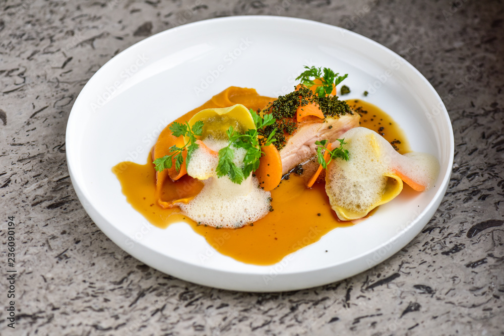 Fine dining Chicken breast with homemade ravioli and vegetables Fine dining Chicken breast with homemade ravioli and vegetables