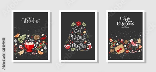 Set of Christmas and new year greeting cards in vintage style. Labels and holiday elements. Vector illustration.