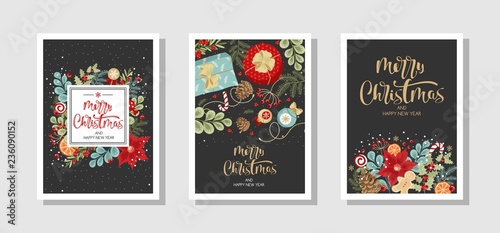 Set of Christmas and new year greeting cards in vintage style. Labels and holiday elements. Vector illustration.