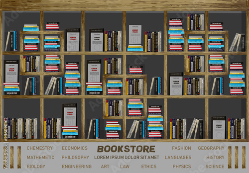 Bookstore interior design Vector. Books on the shelves illustration decor. detailed illustrations
