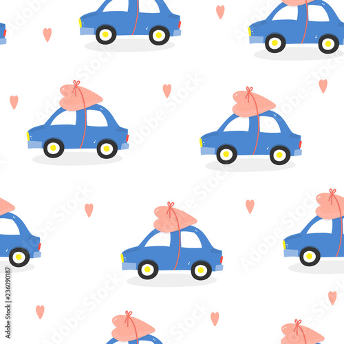 Car carrying heart. Cute vector seamless pattern