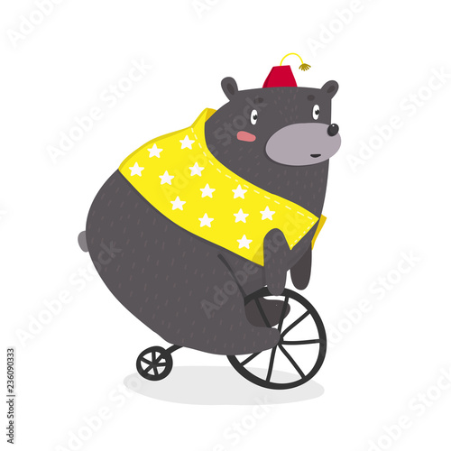 Circus bear on a bicycle. Hand drawn vector illustration