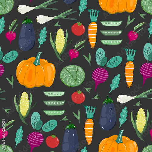 Fresh organic vegetables. Hand drawn vector seamless pattern. Black background