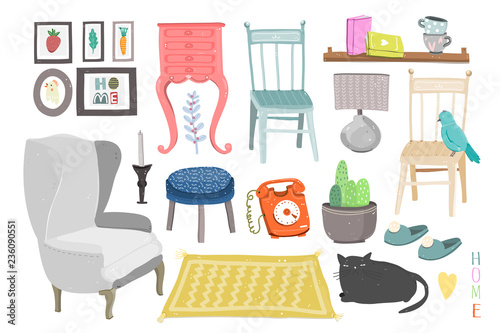 Hand drawn furniture and various interior objects. Colored vector set. All elements are isolated