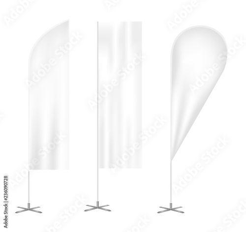 Vector set of outdoor vertical feather advertising promo flags. Waving and teardrop banners. Realistic blank template or mock up on a white background.