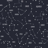 Hand drawn zodiac constellations. Black background. Graphic vector seamless pattern