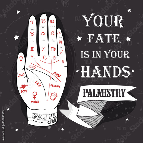 Palmistry illustration. Your fate is in your hands. Graphic vector poster