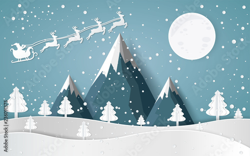 Merry christmas,Santa Claus Driving in a Sledge,Snow forest. pines in winter and mountain Paper vector Illustration