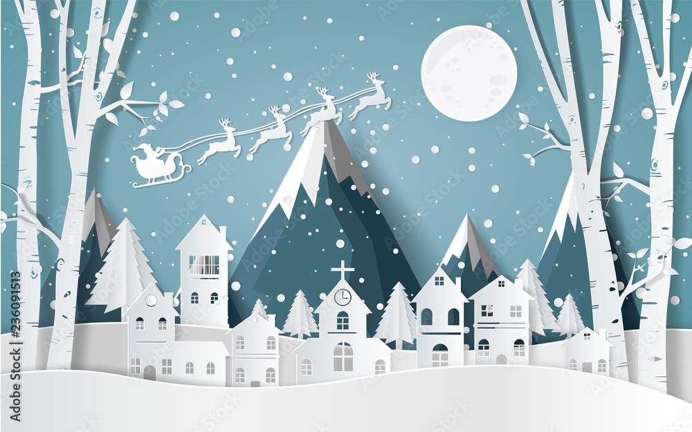 Plakat Santa Claus Driving in a Sledge ,winter with homes and snowy paper art . beautiful scenery in the design vector